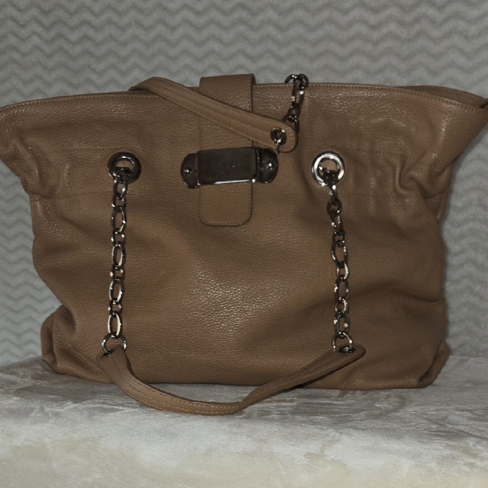 Furla Taupe Leather Tote with Chain Handles